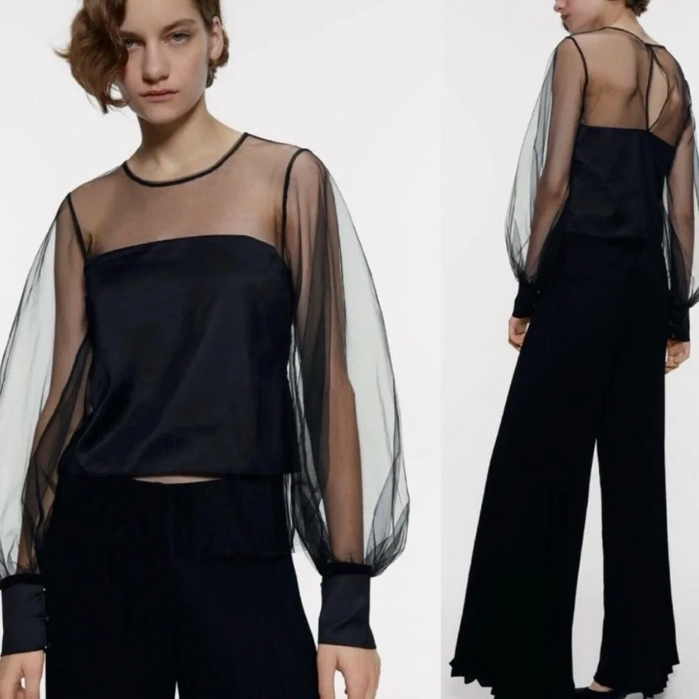 ZARA BLACK BODICE SHEER MESH SLEEVE NECKLINE LONG SLEEVES SEXY PARTY SMALL - Picture 3 of 9